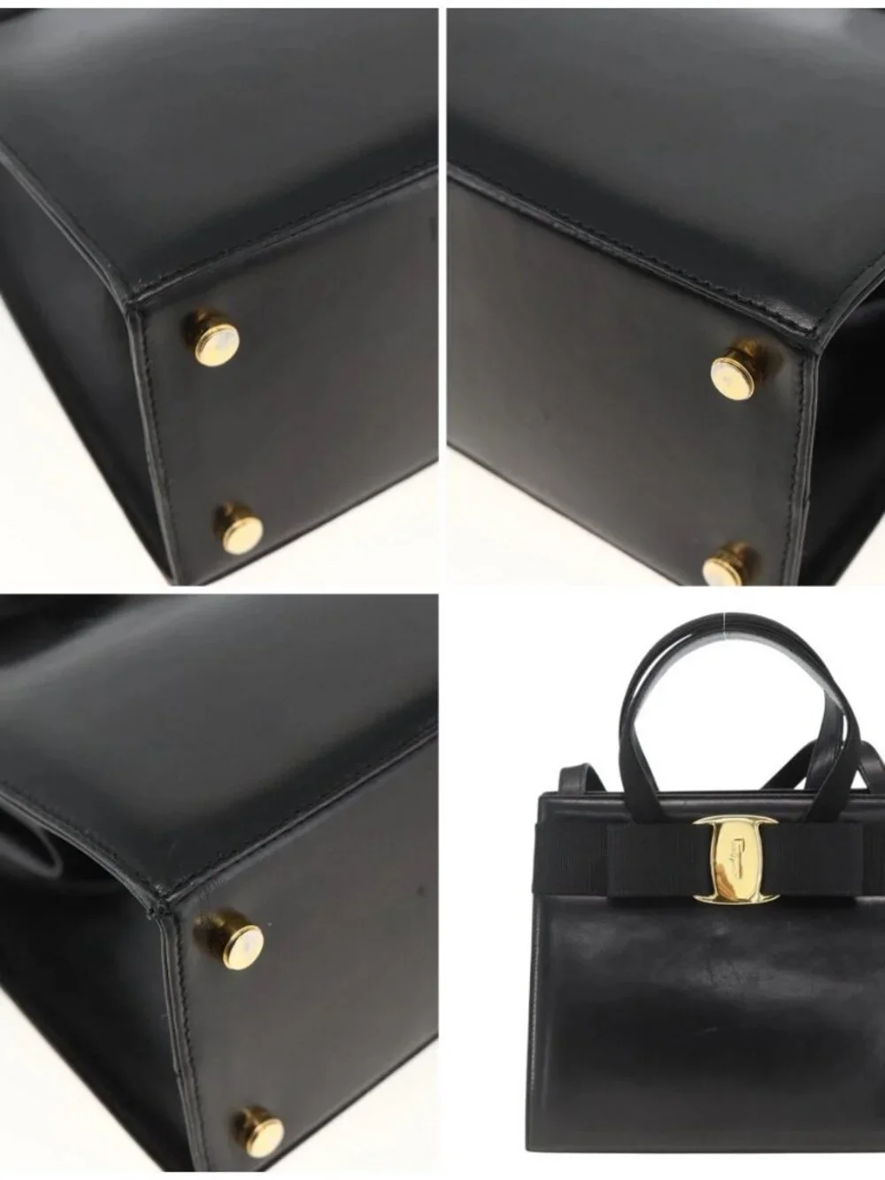 Salvatore Ferragamo Vala Ribbon Hand Bag Leather 2way Black Gold Auth ka3380